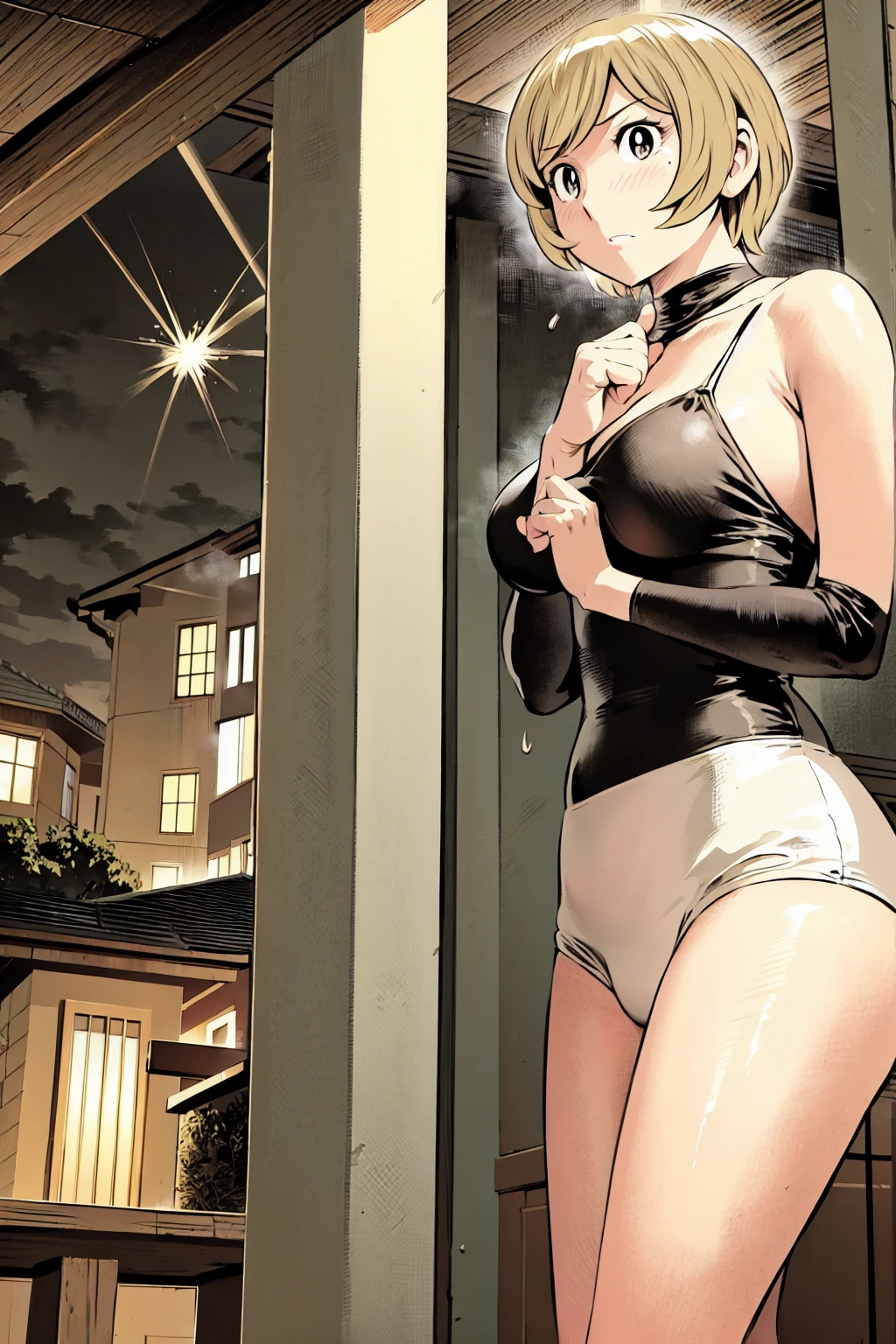 、(masterpiece、Highest quality)、Highest quality, Ultra-high resolution, (((masterpiece))), alone, Sweat、Big eyes, Composition from the front、Shortcuts、Embarrassed face、Bronze colored hair、Cut the back hair short、Bathroom、Shower scene、 Expose、Completely naked、pubic hair、belly button、Large areola、Nipples、short hair