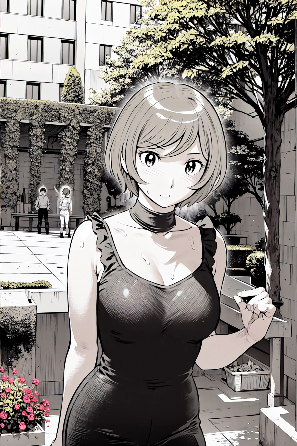 、(masterpiece、Highest quality)、Highest quality, Ultra-high resolution, (((masterpiece))), alone, Sweat、Big eyes, Please show me your armpits, No sleeve、Outdoor、Floral dress、Composition from the front、(Cut the back hair short、short hair、blonde、woman)、Shortcuts、Embarrassed face、Cut your hair short、可愛いwomanの子、Big Breasts