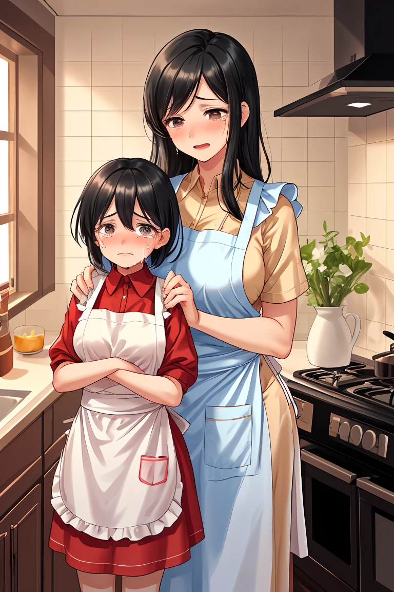 Beauty mother-in-law　Black Hair　A little height difference　Mother and daughter have beautiful breasts　Both mother and daughter are holding back tears.　apron　kitchen