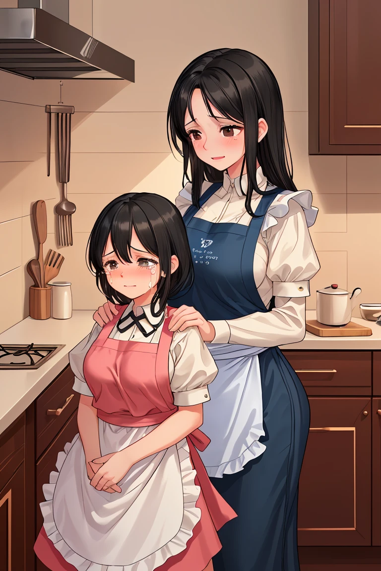 Beauty mother-in-law Black Hair A little height difference Mother and daughter have beautiful breasts Both mother and daughter are holding back tears. apron kitchen
