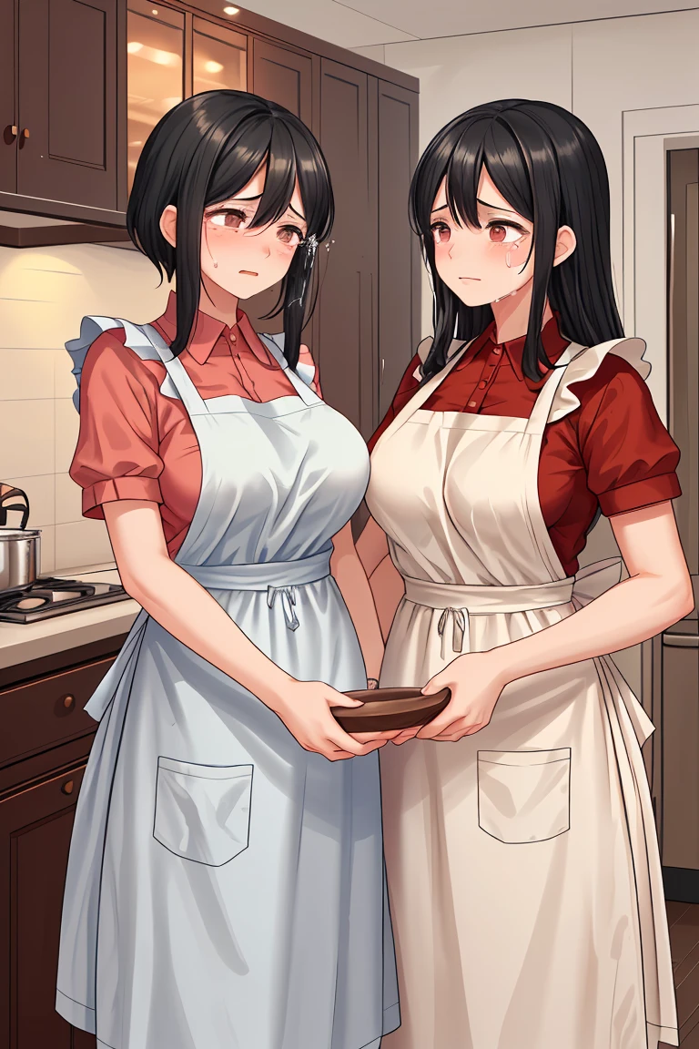 Beauty mother-in-law Black Hair A little height difference Mother and daughter have beautiful breasts Both mother and daughter are holding back tears. apron kitchen