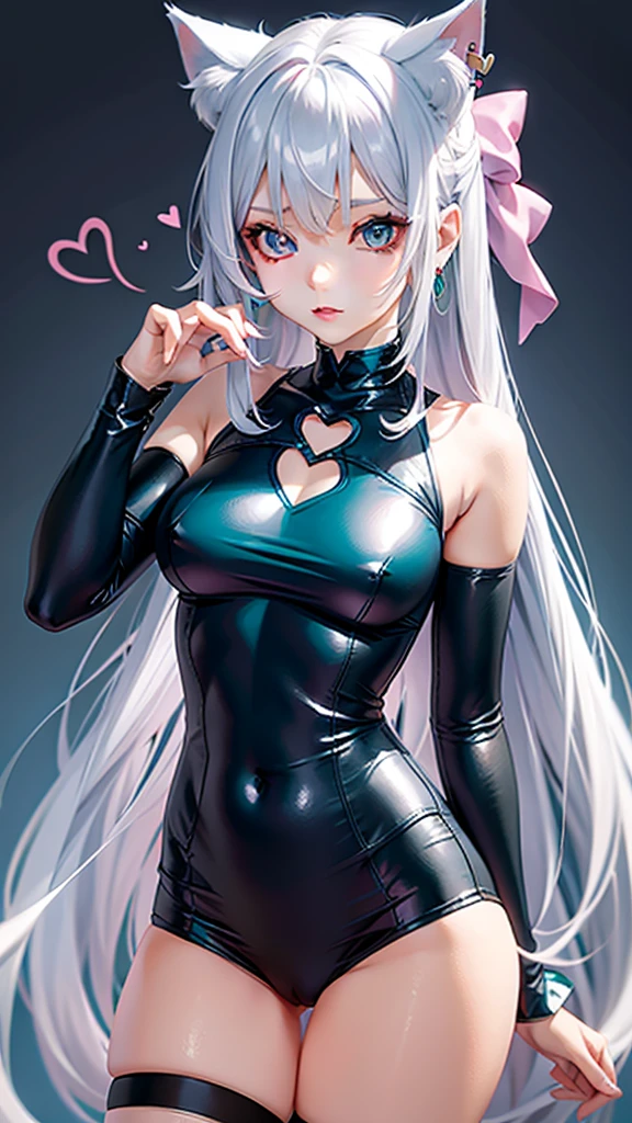 Silver hair, pink eyes, body, cat ears, sexy girl, earrings, heart background fantasy, teal blue uniform, hair bow