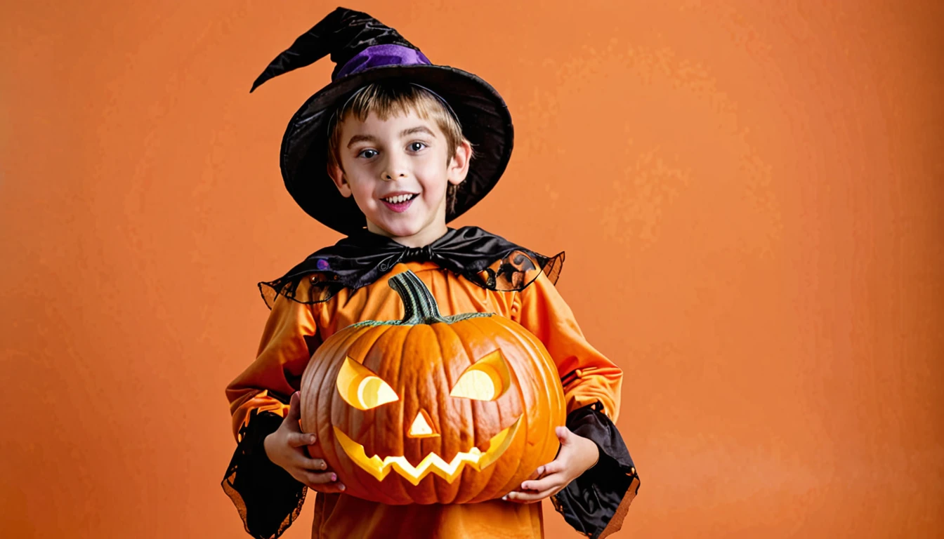 boy wearing halloween costume standing holding spooky pumpkin on orange background