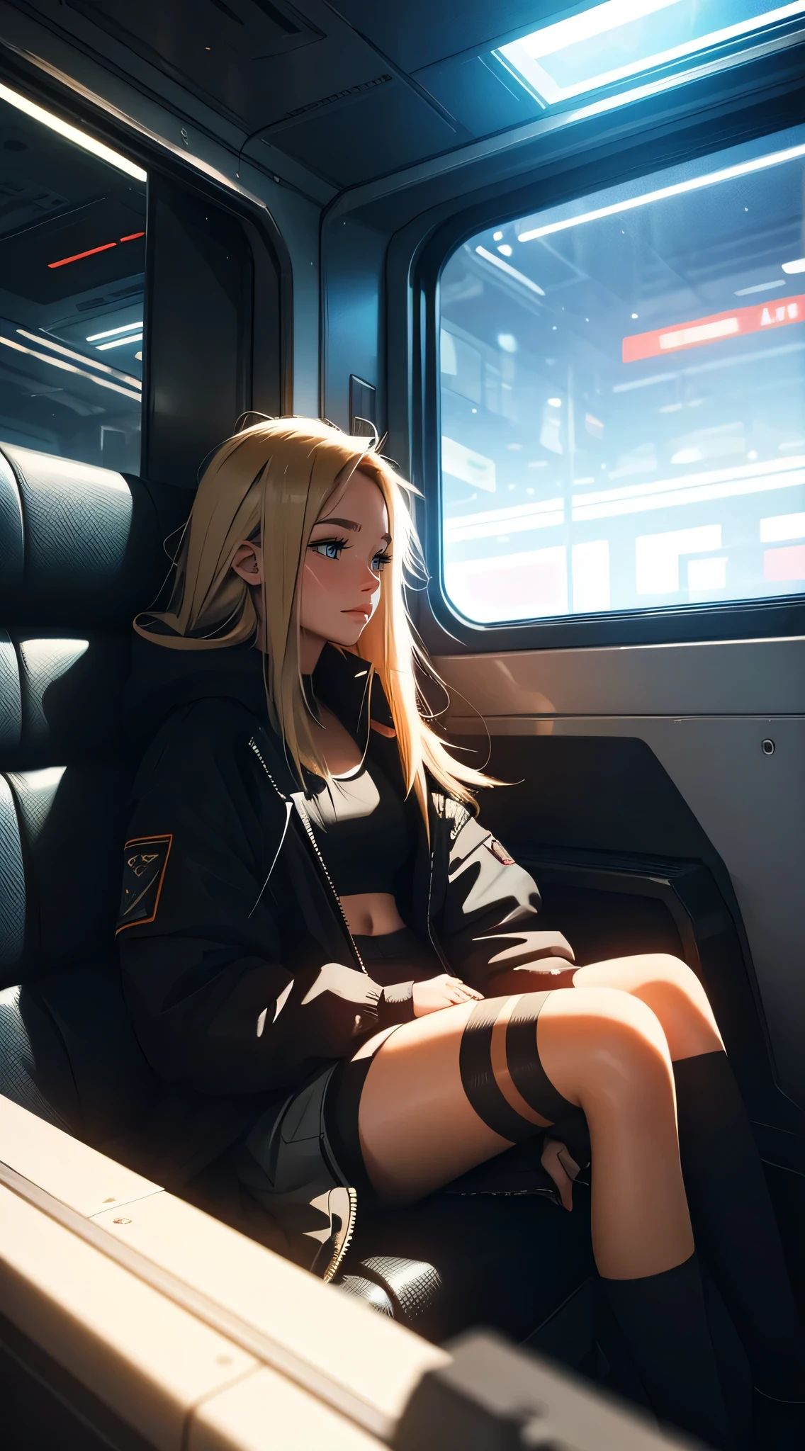 train du futur, cyberpunk, sitting by the window, pose pensives, Looking dreamily off in the distance,
Landscape passing by at high speed, voyage de nuit, beautiful starry sky, Une belle fille avec,
UHD Portrait, (High quality) (ultra details) Spectator in tenue de ville hip-hop style. open jacket, crop top, short skirt, over the knee socks, striped; different, colourfull, colored long hair 🌈
Back light. light through hair, low key lighting, deep shadows, dark scene.