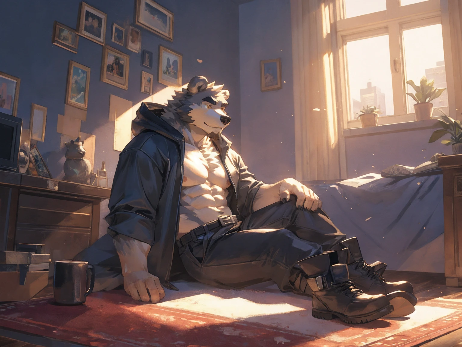 (masterpiece:1.2), best quality,pixiv,official art,perfect anatomy, (Ray tracing, light),solo, (1_male:1.3) , (muscle), (grey fur:1.4), (muscle bear), (beard:1.2), (gleaming golden eyes), bear tail, Thick black eyebrows, (open hooded parka) , (naked inside:1.2), cargo pants, (boots:1.2), (in the highfloor apartment: 1.3), indoor , fur carpet , cushion , rest on floor