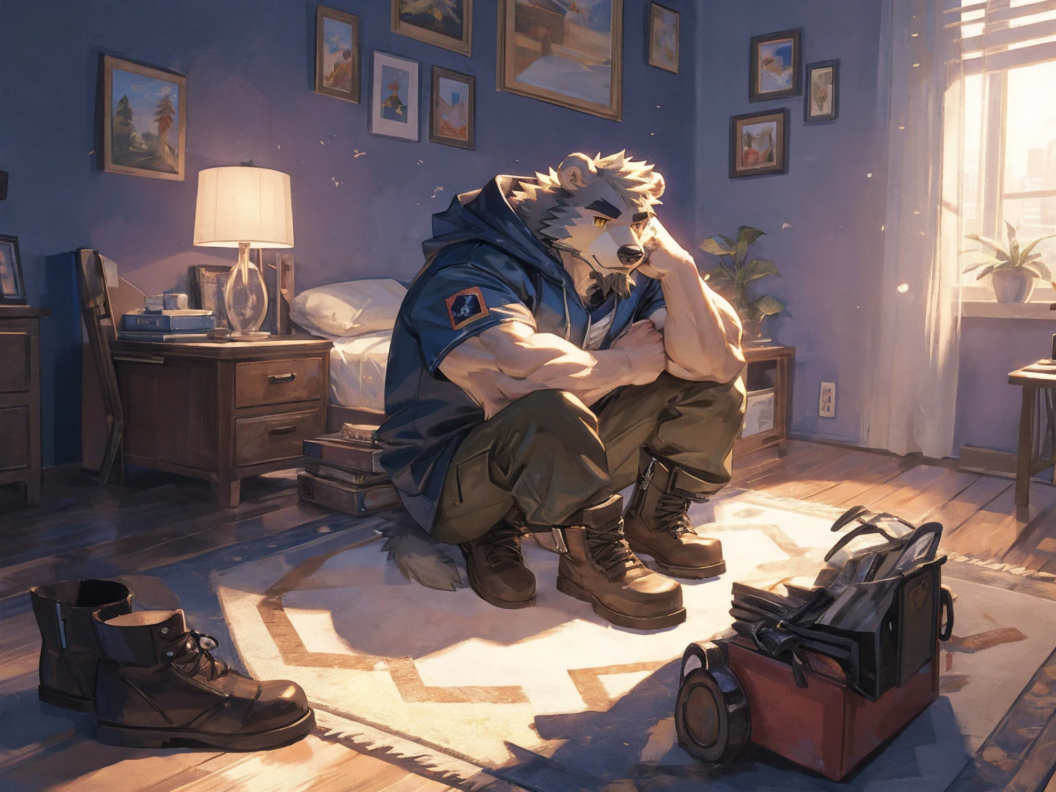 (masterpiece:1.2), best quality,pixiv,official art,perfect anatomy, (Ray tracing, light),solo, (1_male:1.3) , (muscle), (grey fur:1.4), (muscle bear), (beard:1.2), (gleaming golden eyes), bear tail, Thick black eyebrows, (open hooded parka) , (naked inside:1.2), cargo pants, (boots:1.2), (in the highfloor apartment: 1.3), indoor , fur carpet , cushion , rest on floor