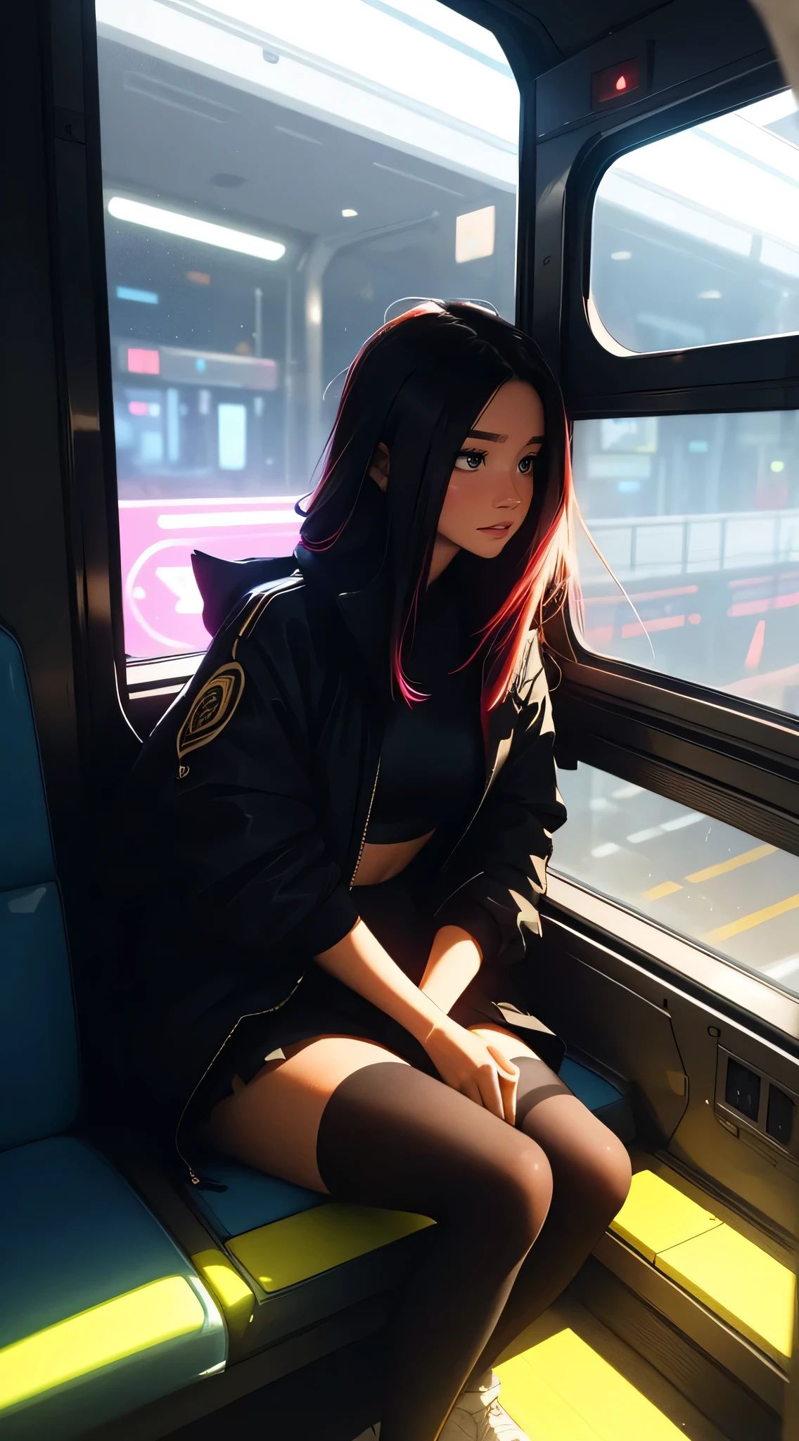 1 beautiful woman, lond hair,multicolored hair,dressed in sexy underwear 1piece, painted eyelids, white shirt, leather jacket, closed eyes, long eyelashes, made-up face, sleeping with her mouth open, sleeping sitting on the train seats, full body,skirt