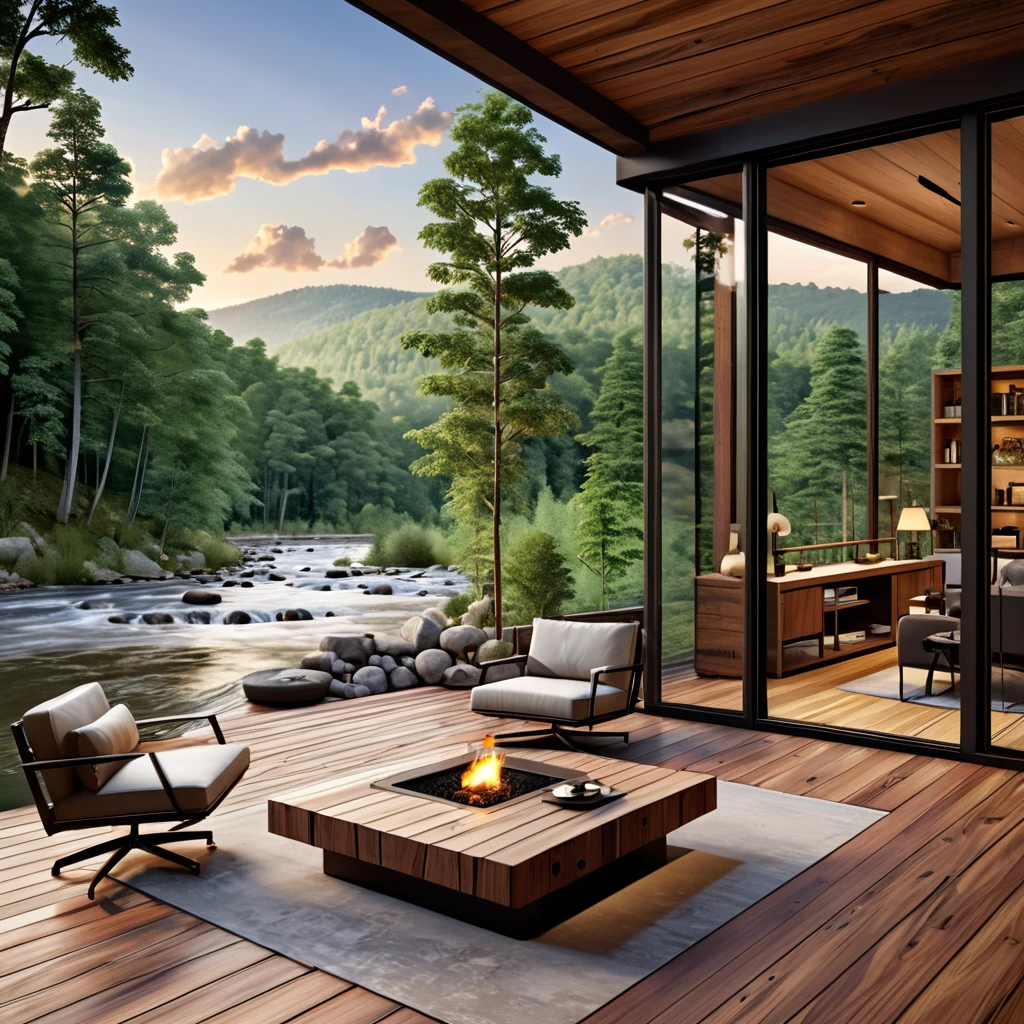 Design a modern cabin retreat with a stunning mountain and river view. The setting should feature a sleek wooden deck with contemporary furniture, including minimalist chairs and a modern coffee table. Incorporate soft lighting to create a calming ambiance. Enhance the natural beauty with strategically placed potted plants and a clear view of the surrounding forest and river. The design should blend modern elegance with the rustic charm of a cabin in the woods.
