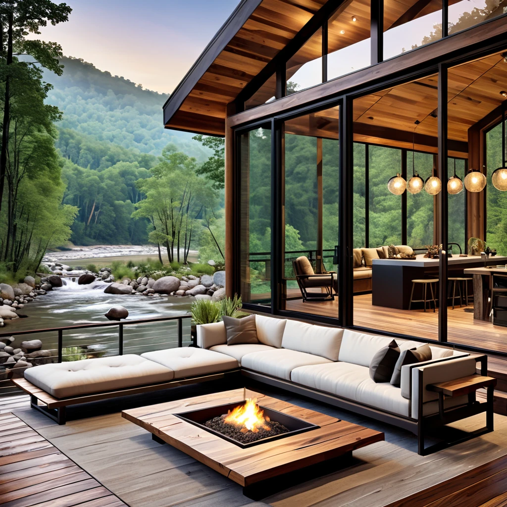 Design a modern cabin retreat with a stunning mountain and river view. The setting should feature a sleek wooden deck with contemporary furniture, including minimalist chairs and a modern coffee table. Incorporate soft lighting to create a calming ambiance. Enhance the natural beauty with strategically placed potted plants and a clear view of the surrounding forest and river. The design should blend modern elegance with the rustic charm of a cabin in the woods.
