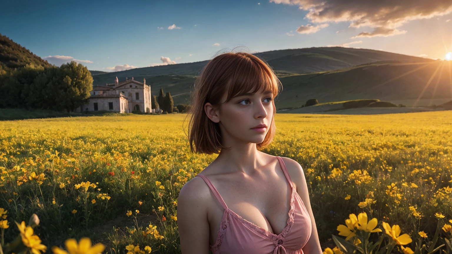 a European girl with bangs put her head down looking down, blueeyes, short pink semi-transparent sundress, skinny, showing cleavage, ginger hair, freckled face, standing in a colourful flower field(Blue, Red, Yellow flowers), a Italian mansion in the distance, sunset, windy, high quality photo, photo realistic, extremely detailed, highly detailed face, ultra HD, dark realistic film shader