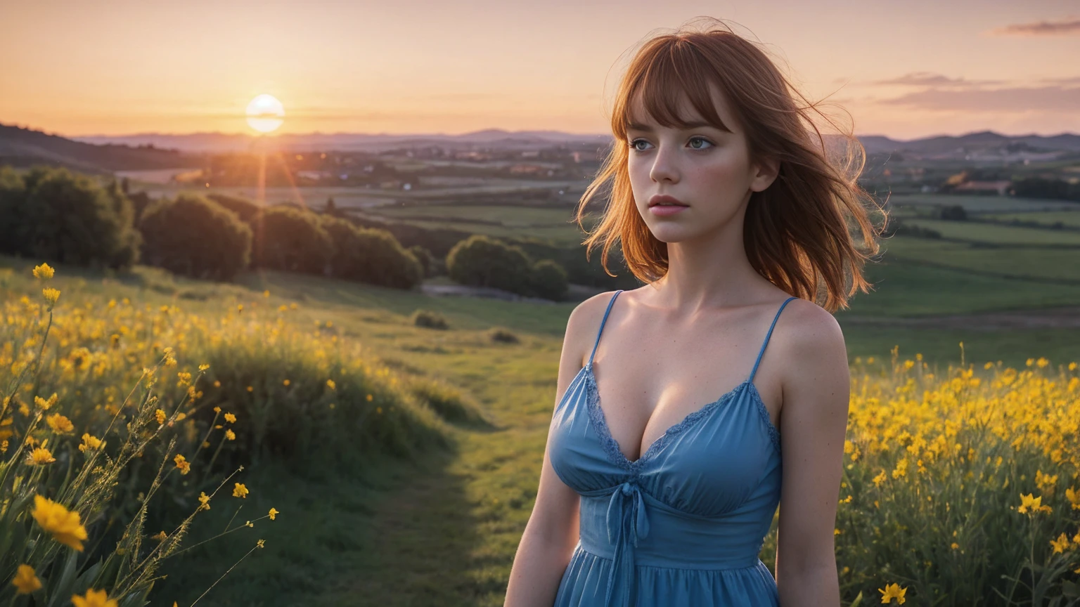 a European girl with bangs put her head down looking down, blueeyes, short pink semi-transparent sundress, skinny, showing cleavage, ginger hair, freckled face, standing in a colourful flower field(Blue, Red, Yellow flowers), a Italian mansion in the distance, sunset, windy, high quality photo, photo realistic, extremely detailed, highly detailed face, ultra HD, dark realistic film shader