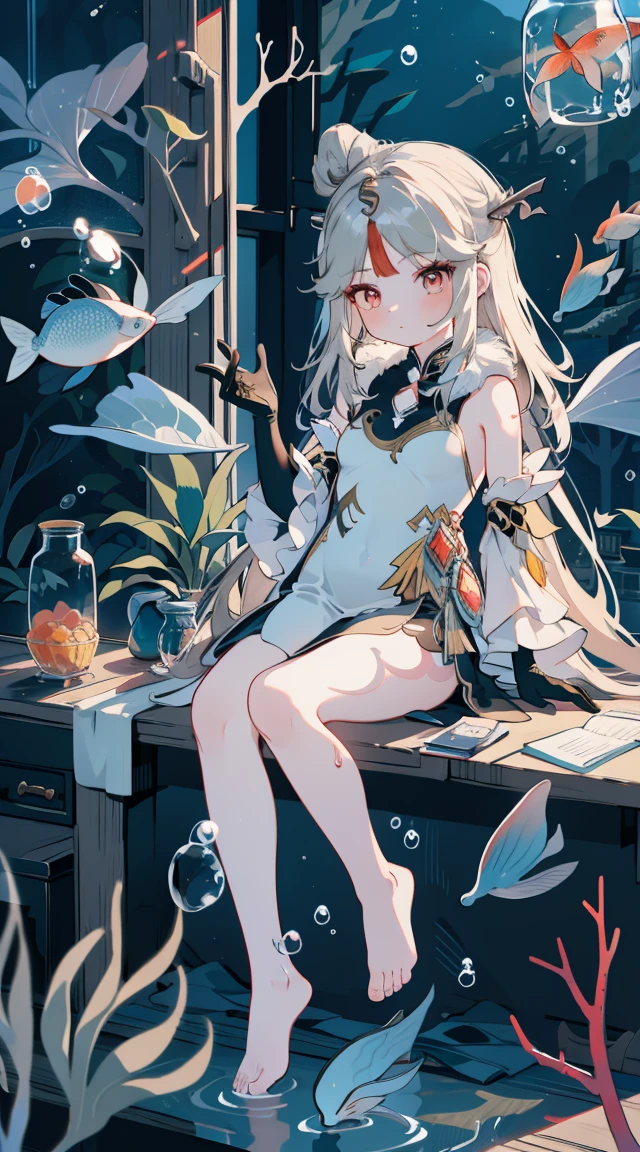 a girl,Sheep's horn, full color, long white hair, Red眼睛 ,Eyeliner, immerse in water, black transparent clothes, Red, open air, Rose, night, ruins, Butterfly,back view,big asutt close-up,camel toe,bend over,soaking wet