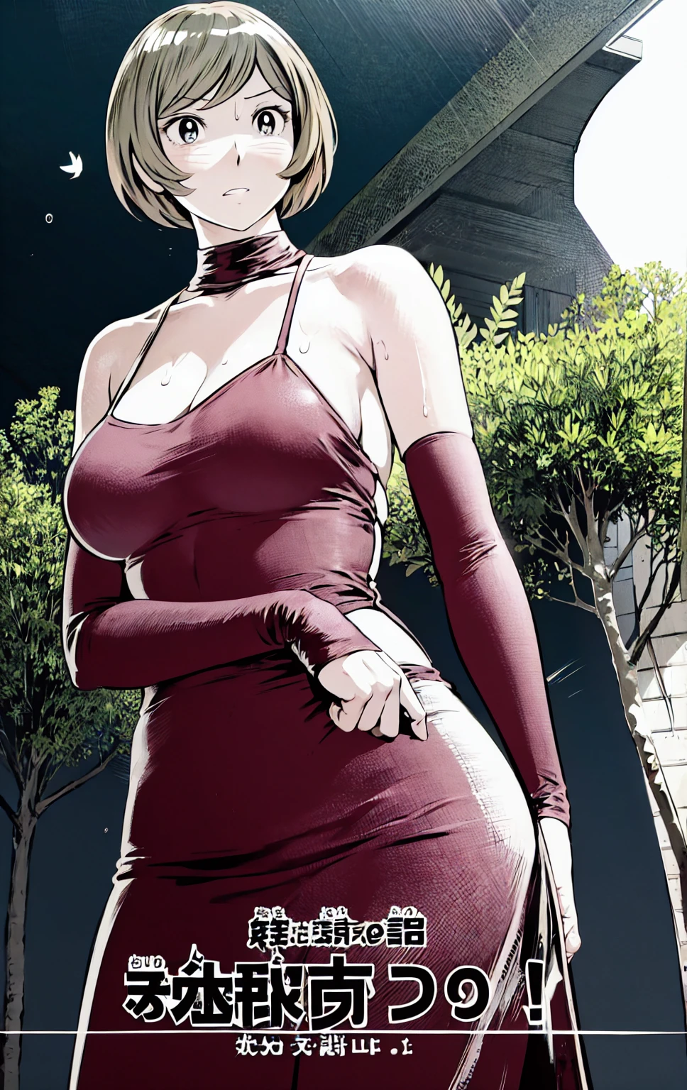 、(masterpiece、Highest quality)、Highest quality, Ultra-high resolution, (((masterpiece))), alone, Sweat、Big eyes, Please show me your armpits, No sleeve、Outdoor、Floral dress、Composition from the front、(Cut the back hair short、short hair、blonde、woman)、Shortcuts、Embarrassed face、Cut your hair short、可愛いwomanの子、Big Breasts