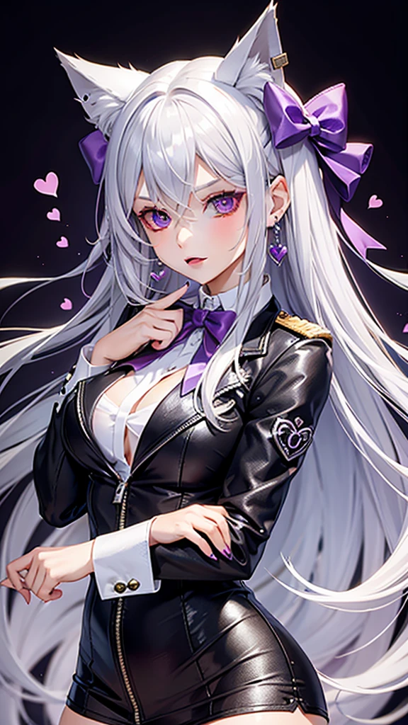 Silver hair, purple eyes, body, cat ears, sexy girl, earrings, heart background fantasy, uniform, hair bow