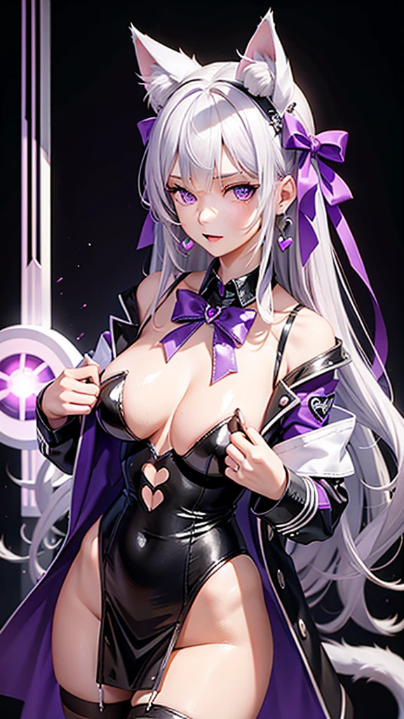 Silver hair, purple eyes, body, cat ears, sexy girl, earrings, heart background fantasy, uniform, hair bow