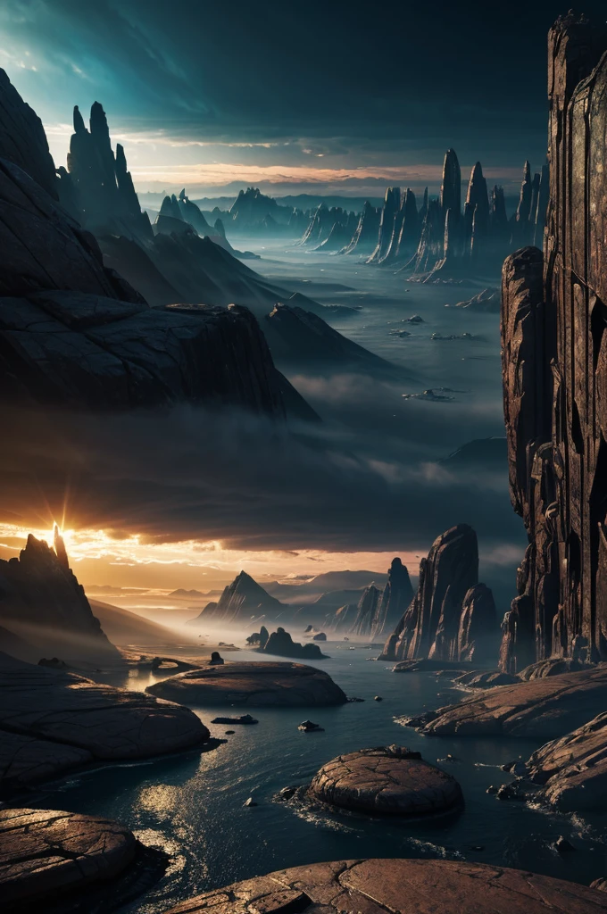 a vivid sci-fi landscape, cinematic atmosphere, dramatic lighting, hyper-detailed, photorealistic, 8k, HDR, physically-based rendering, masterpiece