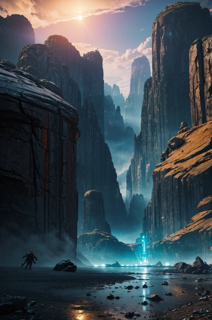 a vivid sci-fi landscape, cinematic atmosphere, dramatic lighting, hyper-detailed, photorealistic, 8k, HDR, physically-based rendering, masterpiece
