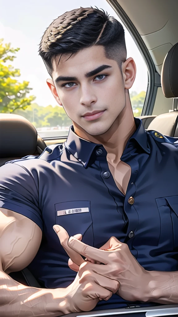 (Create a masterpiece: 1.2),(CGI art:1.3),(realistic:1.5),(After processing:1.3),(Sharp focus:1.3), 1 man holds the steering wheel of a car ,(crew cut short hair:1.8),black eye, smile,(navy police uniform outsite :1.5),(shirt short sleeves:1.5),collar,(shirt covered over:1.2),(name tag and Police badge:1.3),(shirt no buttons:1.1),(black_gloves:1.3),
(Navy blue cargo:1.2), Korean guy , korean men, (High gloss details), chest muscles, large arm muscles, blood vessel, Big muscles, Broad shoulders, looking at the audience, Balancing the eyes, middle of the road, (drive a car: 1.5), (in the car: 1.3), , middle of the road