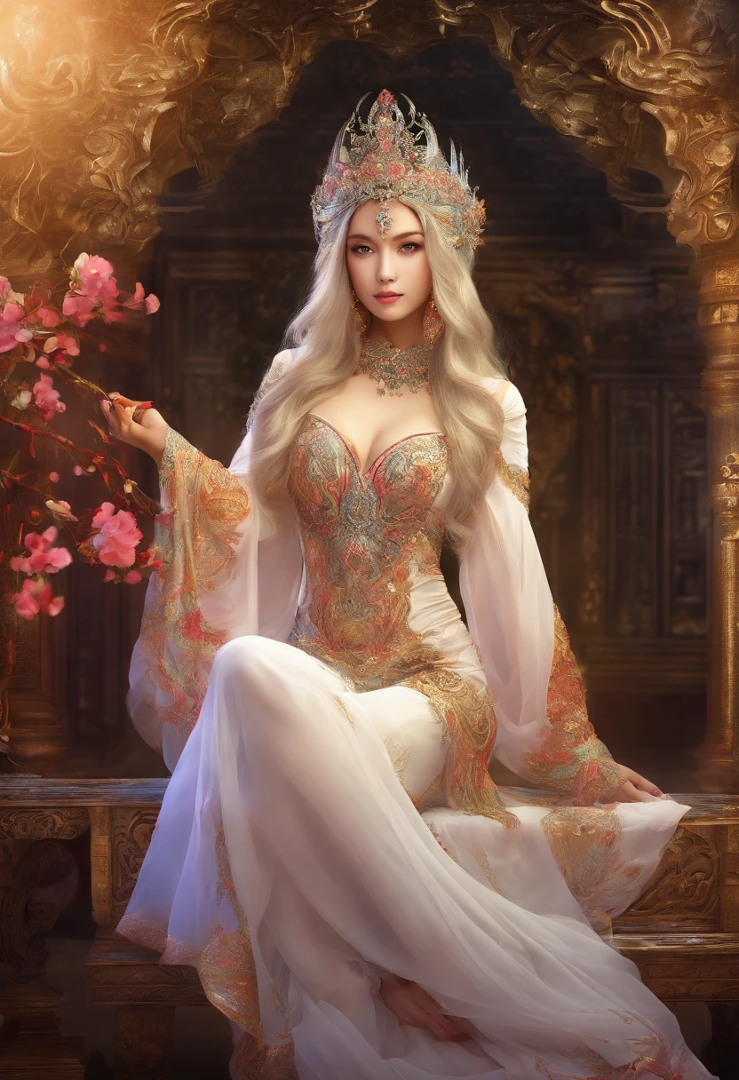 best quality,masterpiece,Ultra-high resolution,(photoactual:1.4),beautiful_Face,Oriental adult female 25 years old,bright eyes,Long silver hair above the waist,Wearing ancient fairy costume(Bright 1：0）,in ancient architecture,Sit sideways on a luxurious bench（Phoenix carving）,