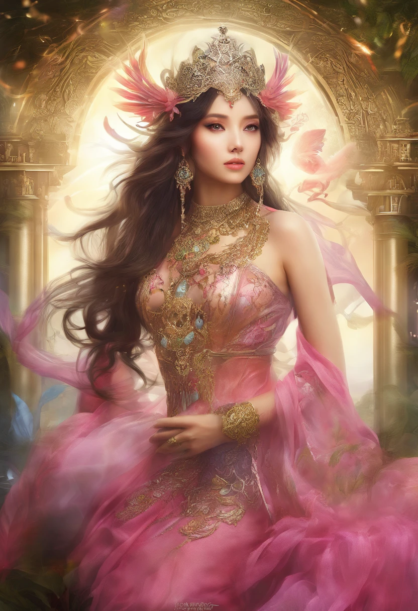 best quality,masterpiece,Ultra-high resolution,(photoactual:1.4),beautiful_Face,Oriental adult female 25 years old,bright eyes,Long silver hair above the waist,Wearing ancient fairy costume(Bright 1：0）,in ancient architecture,Sit sideways on a luxurious bench（Phoenix carving）,