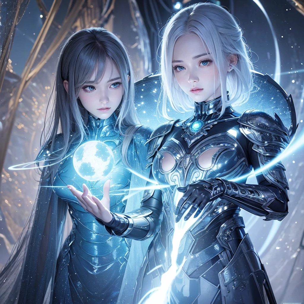 A digitally rendered female figure in intricately detailed futuristic armor that blends metallic and organic design elements. She gazes thoughtfully at a glowing orb held delicately in her right hand, which seems to contain a swirling galaxy or energy mass, evoking a sense of mysticism or advanced technology. The overall mood is one of serene contemplation, underscored by the cool blue tones.