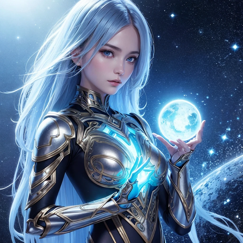 A digitally rendered female figure in intricately detailed futuristic armor that blends metallic and organic design elements. She gazes thoughtfully at a glowing orb held delicately in her right hand, which seems to contain a swirling galaxy or energy mass, evoking a sense of mysticism or advanced technology. The overall mood is one of serene contemplation, underscored by the cool blue tones.