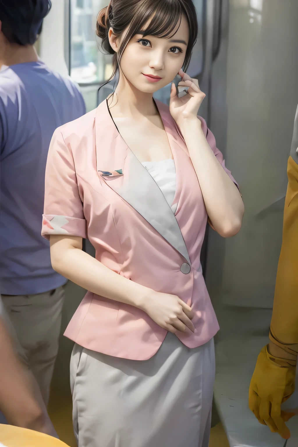 (masterpiece:1.2, Highest quality:1.2), 32k HDR, High resolution, (alone、1 girl)、(On the rooftop of a building in the daytime、Professional Lighting)、Building rooftop background、(Nankai train crew uniform pinkを着たリアルスタイル)、(Nankai train crew uniform pink short sleeve collarless pink jacket、Nankai Train Crew Uniform Pink Collarless Short Sleeve Blouse、Nankai Train Crew Uniform Pink Grey Knee-length Culottes)、((The bottom of the pink short-sleeved jacket cannot be tucked into the clay-colored culottes.))、Dark brown hair、(Hair tied up、Hair Bun、Hair Bun)、Dark brown hair、Long Shot、Big Breasts、Thin legs、((Great hands:2.0)),((Harmonious body proportions:1.5)),((Normal limbs:2.0)),((Normal finger:2.0)),((Delicate eyes:2.0)),((Normal eyes:2.0)))、(Nankai Train Crew Uniform Pink Grey Knee-length Culottesを見せた美しい立ち姿)、smile