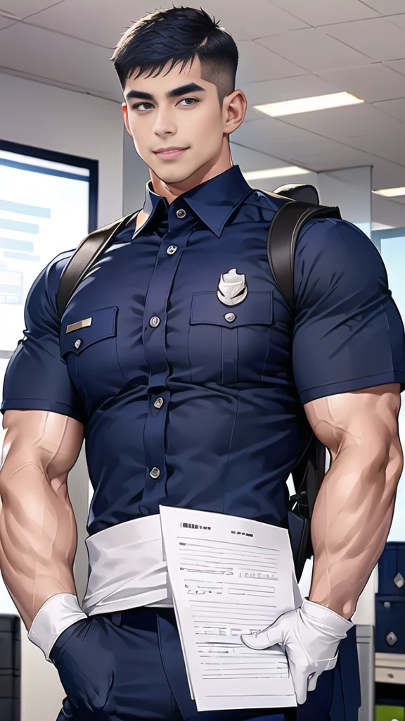 handsome man,(crew cut short hair:1.6),black eye,smile,open mouth,
(navy police uniform outsite :1.5),(shirt short sleeves:1.5),collar,(shirt covered over:1.2),(shirt no buttons:1.1),(black_gloves:1.3),
(Navy blue cargo:1.2),Korean guy,korean men,(High gloss details),(chest muscles:1.2),(large arm muscles:1.2),blood vessel,Big muscles,Broad shoulders,looking at the audience,Balancing the eyes,middle of the road,,(backpack:1.3)
(in office:1.5),