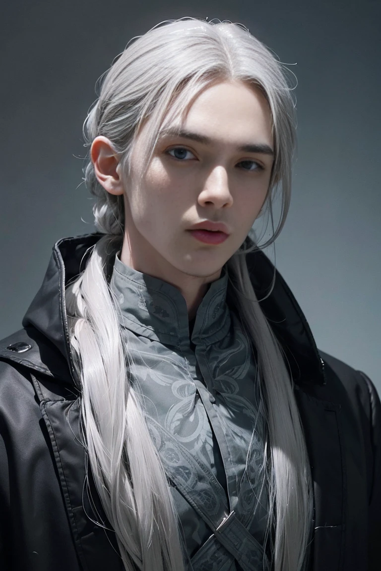 Rollo is a tall young man with a pale complexion. His hair is grey with streaks of white, and is styled in front with short, choppy bangs following longer sections framing his face above his ears, which lead into thin grey sideburns. His nose is vertically long and flat, and his eyebrows are dark-grey, furrowed and s-shaped. He has sanpaku eyes, which are a pale forest-green with tints of deep blue framed with dark-grey, thick and upturned eyelashes with large hoods above them. His lips are thin and pale, darker on the upper lip and paler on the bottom.
