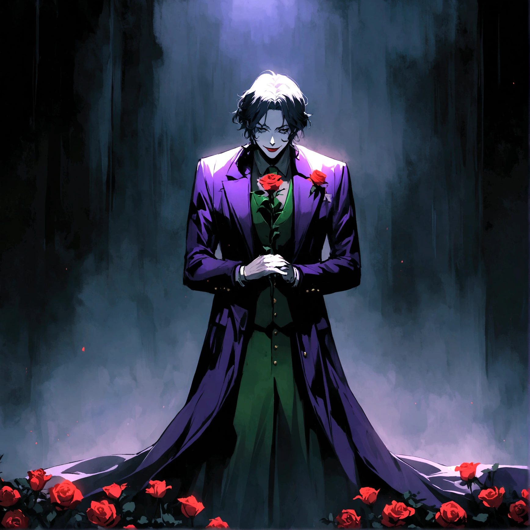 anime character dressed in purple and green bowing in a field of red roses, bite a rose, batman as the joker, as the joker, the joker as batman, joker wearing vader's armor suit, the joker, portrait of joker, joker wearing vader's armor, joker, portrait of the joker, joker looks like naruto, by Arthur Pan, portrait of a joker, the riddler