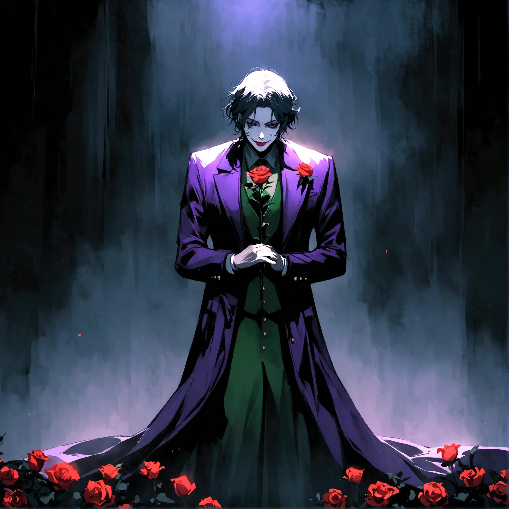 anime character dressed in purple and green bowing in a field of red roses, bite a rose, batman as the joker, as the joker, the joker as batman, joker wearing vader's armor suit, the joker, portrait of joker, joker wearing vader's armor, joker, portrait of the joker, joker looks like naruto, by Arthur Pan, portrait of a joker, the riddler