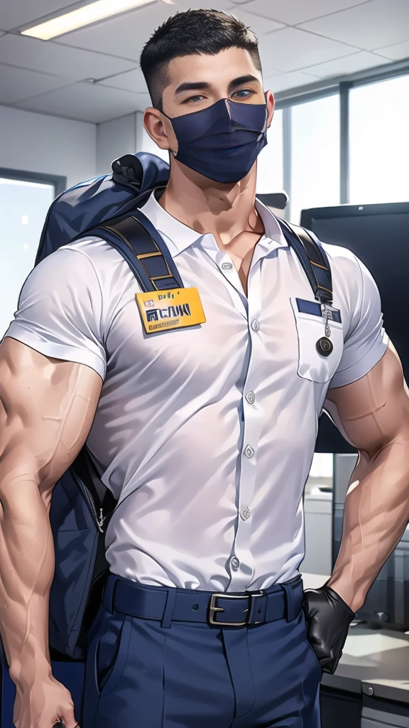 handsome man,(crew cut short hair:1.6),black eye,smile,open mouth,
(navy police uniform outsite :1.5),(shirt short sleeves:1.5),(black_gloves:1.3),
(Navy blue cargo:1.2),Korean guy,korean men,(High gloss details),(chest muscles:1.2),(large arm muscles:1.2),blood vessel,Big muscles,Broad shoulders,looking at the audience,Balancing the eyes,(backpack:1.3)
(in office:1.5) ,(navy Cotton Mask:1.3)