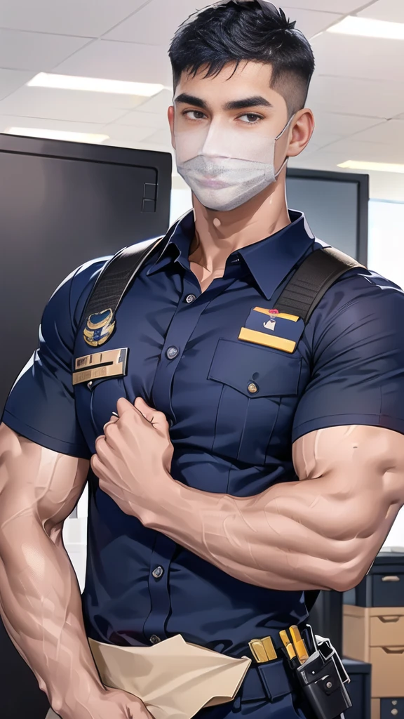 (handsome Man),(crew cut short hair:1.8),black eye,(Wear a fitted round neck t-shirt in navy with a police badge.:1.5),(fit neck),Navy blue jeans,(black_gloves:1.2), Korean guy,chest muscles,large arm muscles,blood vessel,Big muscles,Broad shoulders, (open mouth:1.2),(face up:1.2),(open eyes:1.5), middle of the road,smile,(backpack:1.3), In front of the bread shop ,(Cotton Mask:1.3