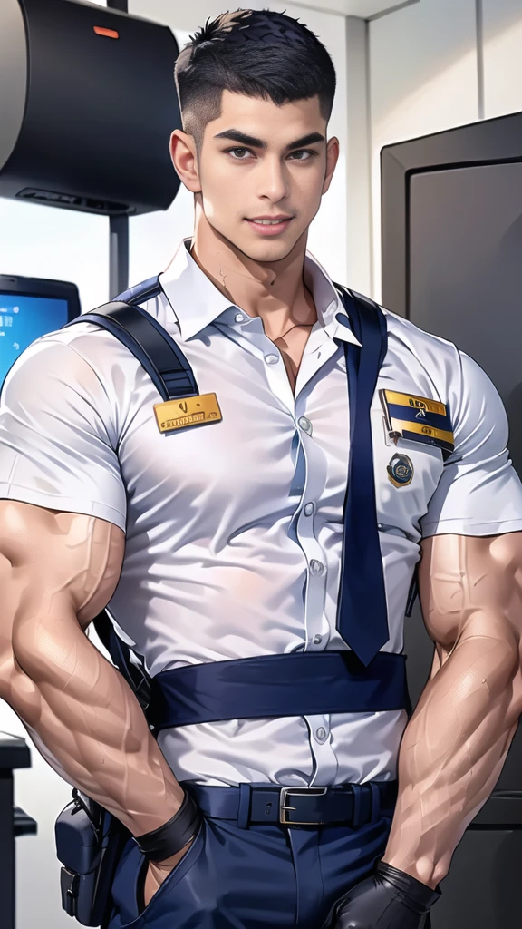 handsome man,(crew cut short hair:1.6),black eye,smile,open mouth,
(navy police uniform outsite :1.5),(shirt short sleeves:1.5),collar,(shirt covered over:1.2),(name tag and Police badge),(shirt no buttons:1.1),(black_gloves:1.3),
(Navy blue cargo:1.2),Korean guy,korean men,(High gloss details),(chest muscles:1.2),(large arm muscles:1.2),blood vessel,Big muscles,Broad shoulders,looking at the audience,Balancing the eyes,middle of the road,,(backpack:1.3)
(in office:1.5) ,(navy Cotton Mask:1.3