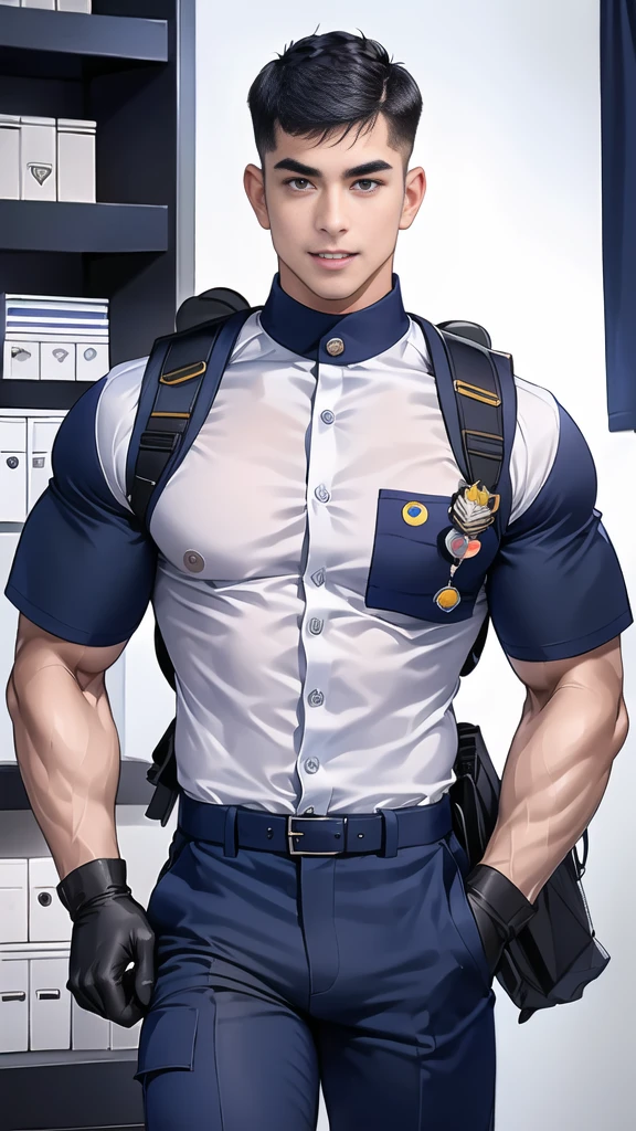 handsome man,(crew cut short hair:1.6),black eye,smile,open mouth,
(navy police uniform outsite :1.5),(shirt short sleeves:1.5),collar,(shirt covered over:1.2),(name tag and Police badge),(shirt no ons:1.1),(black_gloves:1.3),
(Navy blue cargo:1.2),Korean guy,korean men,(High gloss details),(chest muscles:1.2),(large arm muscles:1.2),bloosel,Big muscles,Broad shoulders,looking at the audience,Balancing the eyes,middle of the road,,(backpack:1.3)
(in office:1.5) ,(navy Cotton Mask:1.3