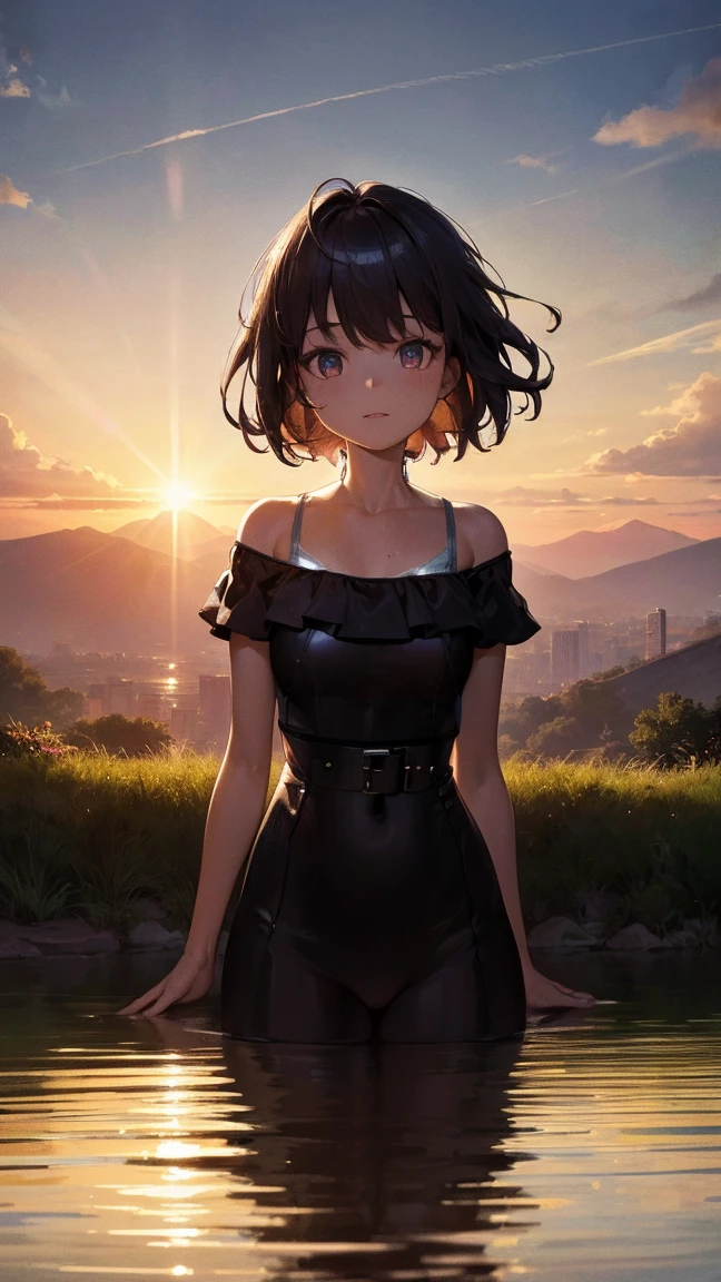 Best Quality, Masterpiece, Ultra-high resolution, (It's photorealistic:1.4), Raw photo, Japanese women,Mature Woman, (1girl:1.8), (42 years old:2), Black Hair, Short Hair, Beautiful Eyes, Symmetrical eyes, Shy laugh, (Huge breasts:1.3), (Curvy:1.4), (latex:1.4), It shows her whole body, standing, (Shiny metallic swimsuit in random colors, Competition Swimwear:1.8)、Arms behind back、cityscape、