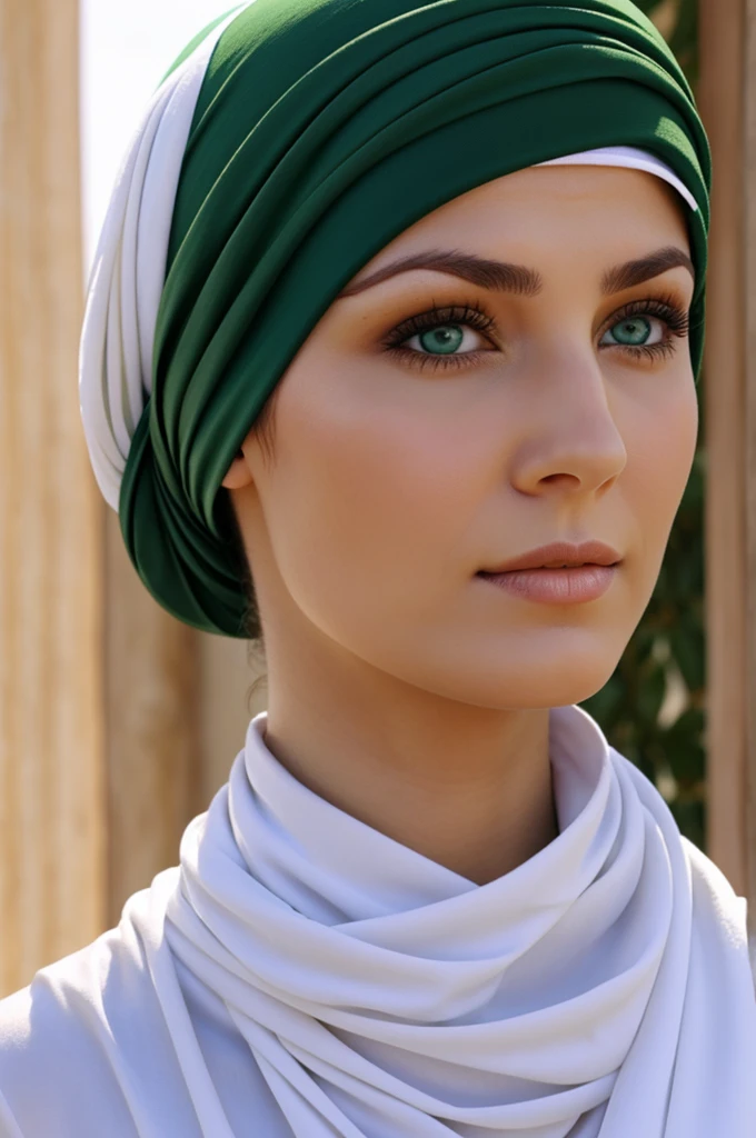 A green-eyed, white-skinned Turkish woman wearing a turban