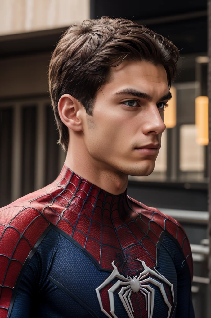 A photograph of spider man, no mask, 20 yo, handsome, detailed face, looking at camera, portrait, 8k uhd, high quality