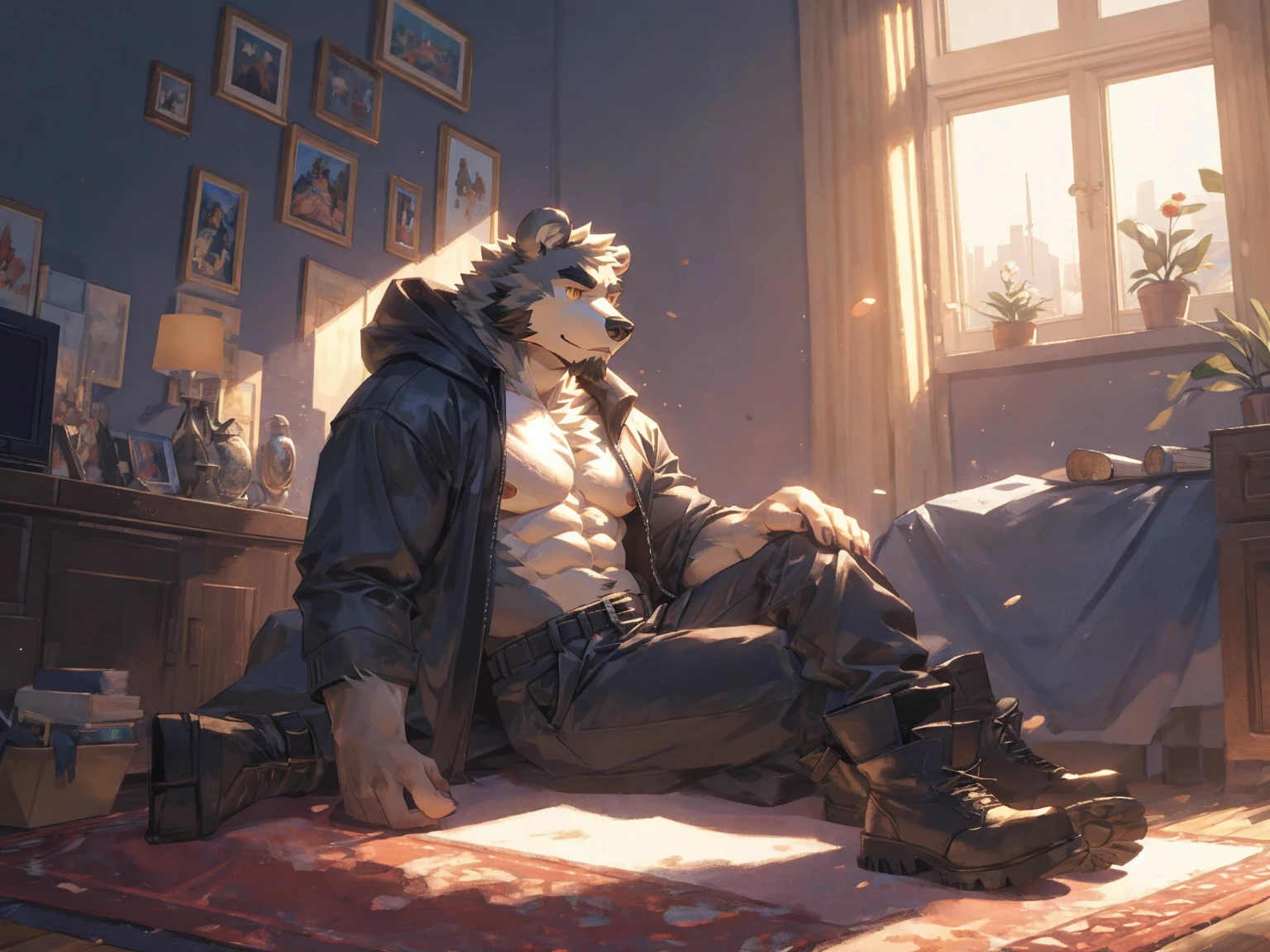 (masterpiece:1.2), best quality,pixiv,official art,perfect anatomy, (Ray tracing, light),solo, (1_male:1.3) , (muscle), (grey fur:1.4), (muscle bear), (beard:1.2), (gleaming golden eyes), bear tail, Thick black eyebrows, (open hooded parka) , (naked inside:1.2), cargo pants, (boots:1.2), (in the highfloor apartment: 1.3), indoor , fur carpet , cushion , rest on floor