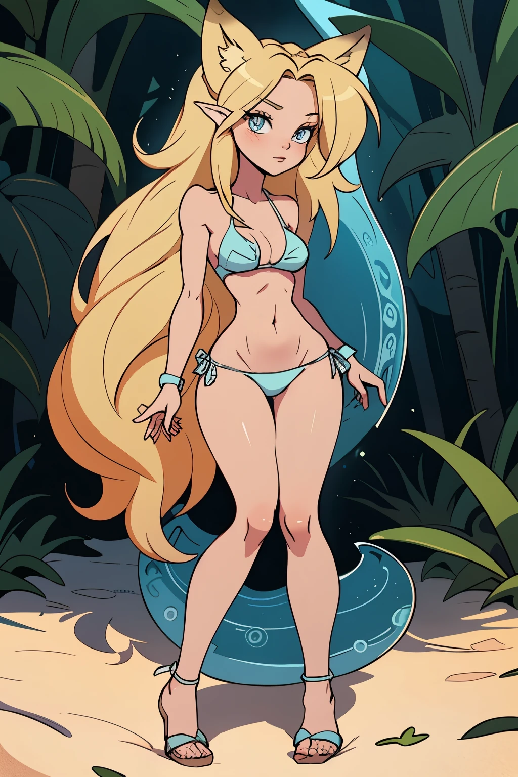 Beautiful 1girl, full body, teenager, solo, (very long waist length blonde hair, straight blonde hair: 1.28), ((light blue eyes)), clear skin, (large darker fox ears: 1.35), pale skin, medium breasts, cleavage, (thin hips, thin waist , athletic body: 1.25),  background, looking away, (wearing only a bikini: 1.5), groping chest, crawling in the sand, masterpiece, best quality,3d rending work ,3DMM style, close-up, portrait, 3D,