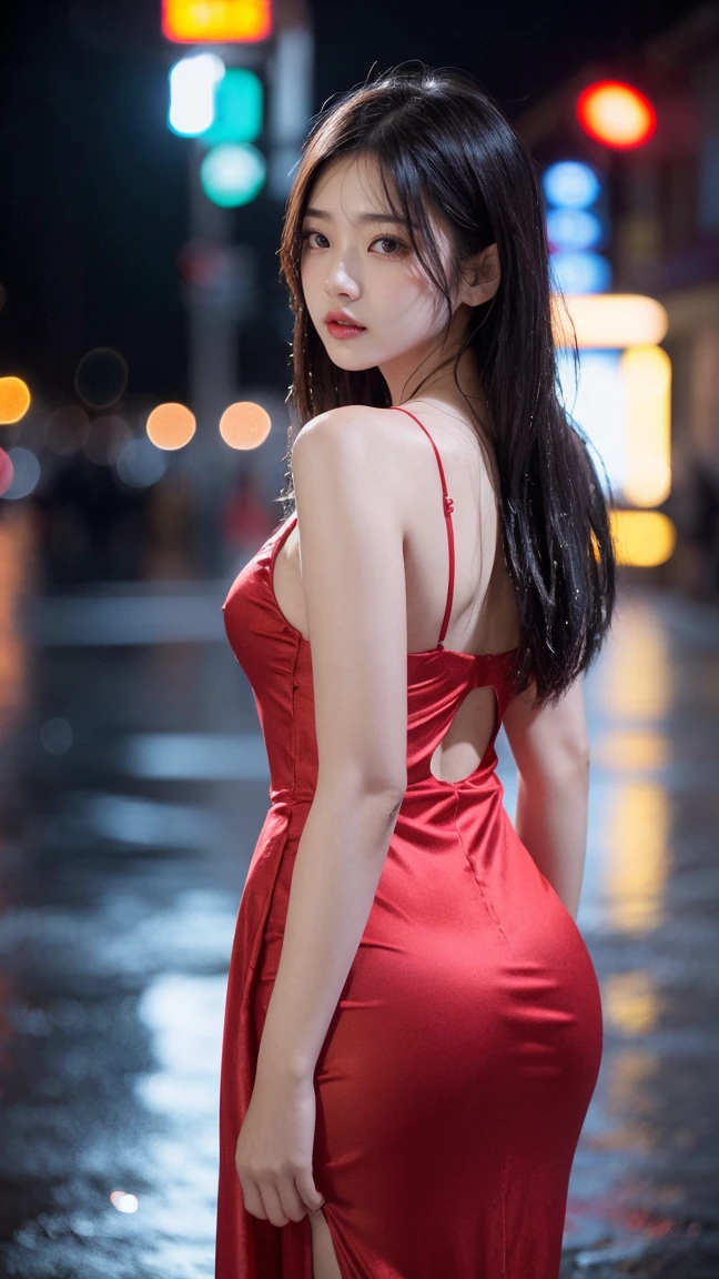 1人of女of子,alone,Long Hair,Rough skin,From the back,Face Focus,(View your viewers:1.2),Wet Hair,dark,Polaroid,(depth_of_Field:1.5),雨of日,Outdoor,street,目of間of毛,Moody lighting,Tyndall effect,Cinema Lighting,night,lamp post,Lens flare,Available Light,Rim Light,Shining neon lights,Curvy,Red Silk Dress,韓国of女of子,