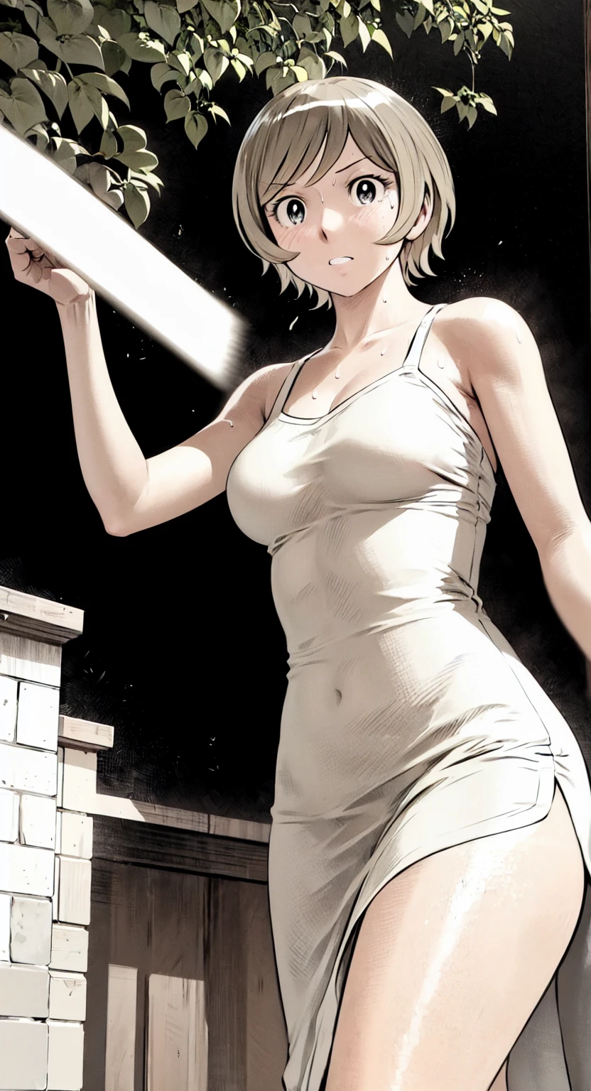 、(masterpiece、Highest quality)、Highest quality, Ultra-high resolution, (((masterpiece))), alone, Sweat、Big eyes, Please show me your armpits, No sleeve、Outdoor、Floral dress、Composition from the front、(Cut the back hair short、short hair、blonde、woman)、Shortcuts、Embarrassed face、Cut your hair short、可愛いwomanの子、Big Breasts