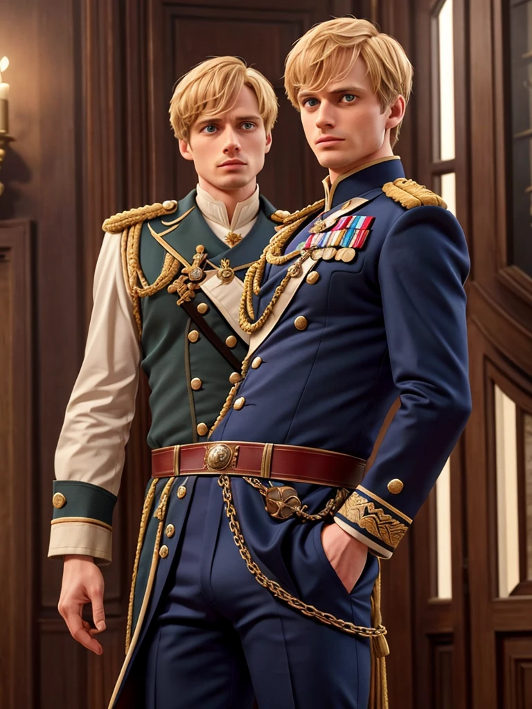 Bradley James is a handsome Victorian captain.  The fly on the trousers is unbuttoned. Big and thick dick. The captain is 35 years old, muscular, blond, dressed in a ceremonial uniform, tight-fitting to the body and exposing muscles, buttoned up with all buttons. His dreamy gaze is directed into the distance.