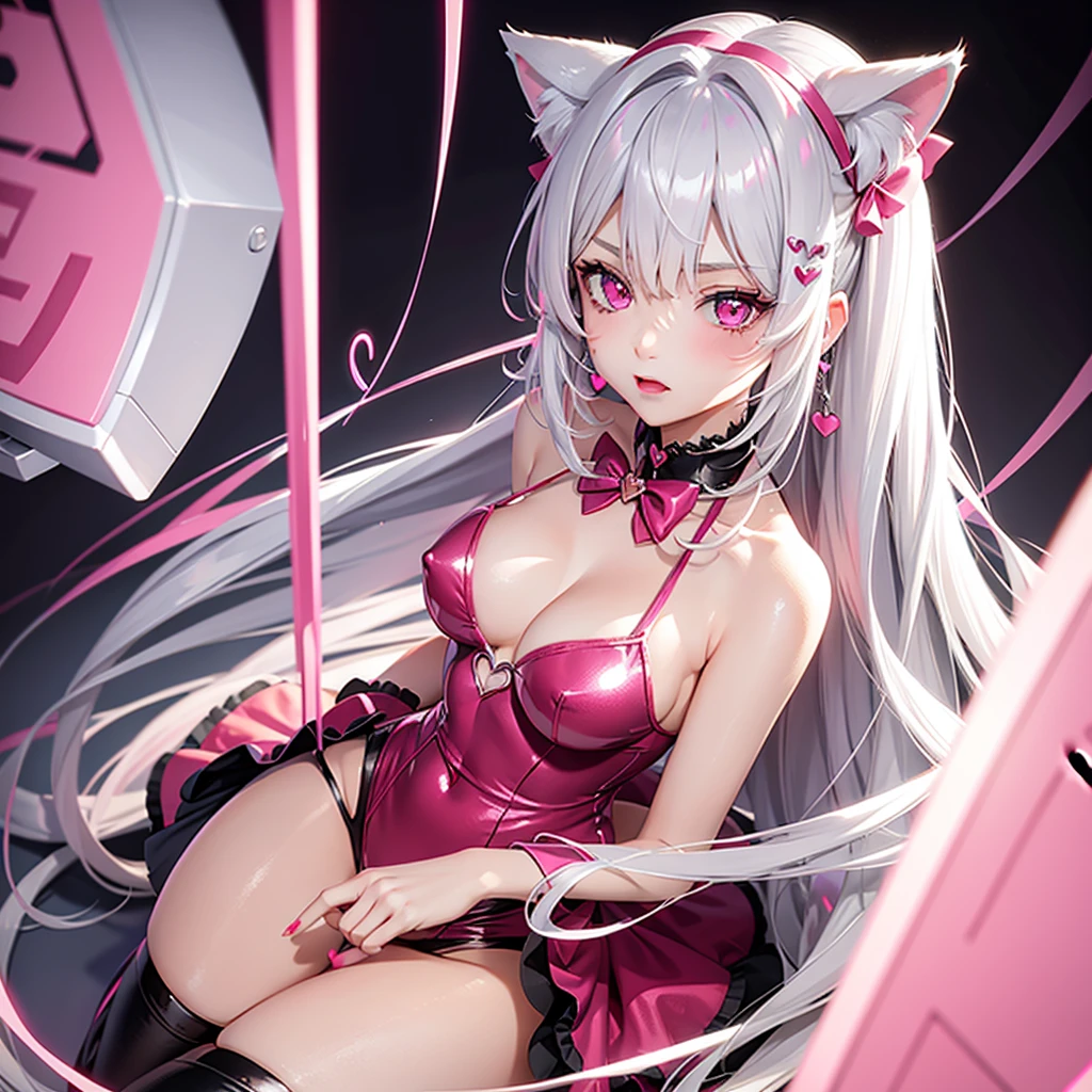 Silver hair, pink eyes, body, cat ears, sexy girl, earrings, heart background fantasy, red pink uniform, hair bow