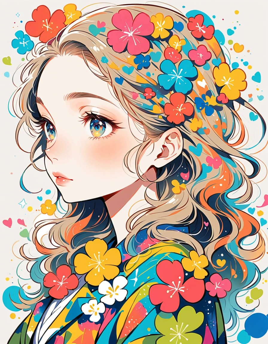 Mika Pikazo Style、The most beautiful girl of all time、Lips in Love、Colorful flowers、colorful hearts, Simple line initials、Abstract art、Urban Background