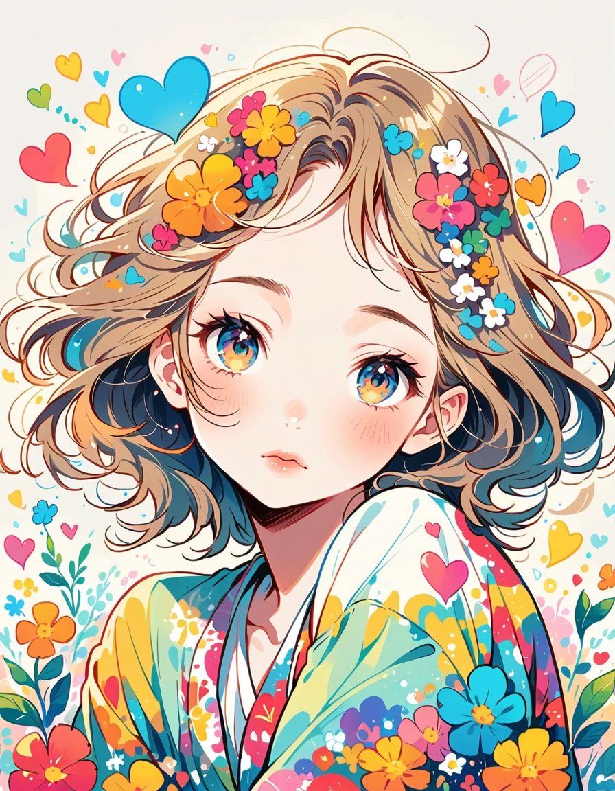 Mika Pikazo Style、The most beautiful girl of all time、Lips in Love、Colorful flowers、colorful hearts, Simple line initials、Abstract art、Urban Background
