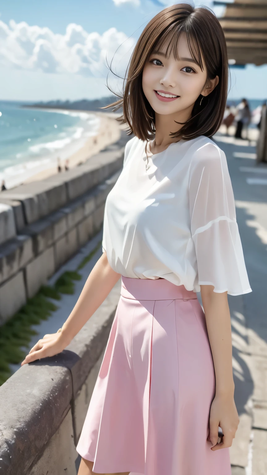 [super high quality,Masterpiece,high resolution],((日本people,woman,１people,超美people,Smile slightly)),(Middle Hair,Dark brown hair color,Hair disheveled by strong winds,Hide your forehead with bangs),(seven-headed body,Narrow face,Model Body Type,Small Butt,Beautiful Eyes,Beautiful Skin,Dark brown eyes),White see-through short-sleeved chiffon shirt,Pink long circular skirt,The hem of the skirt flutters in the wind,On top of the seawall with a view of the ocean and the beach,evening