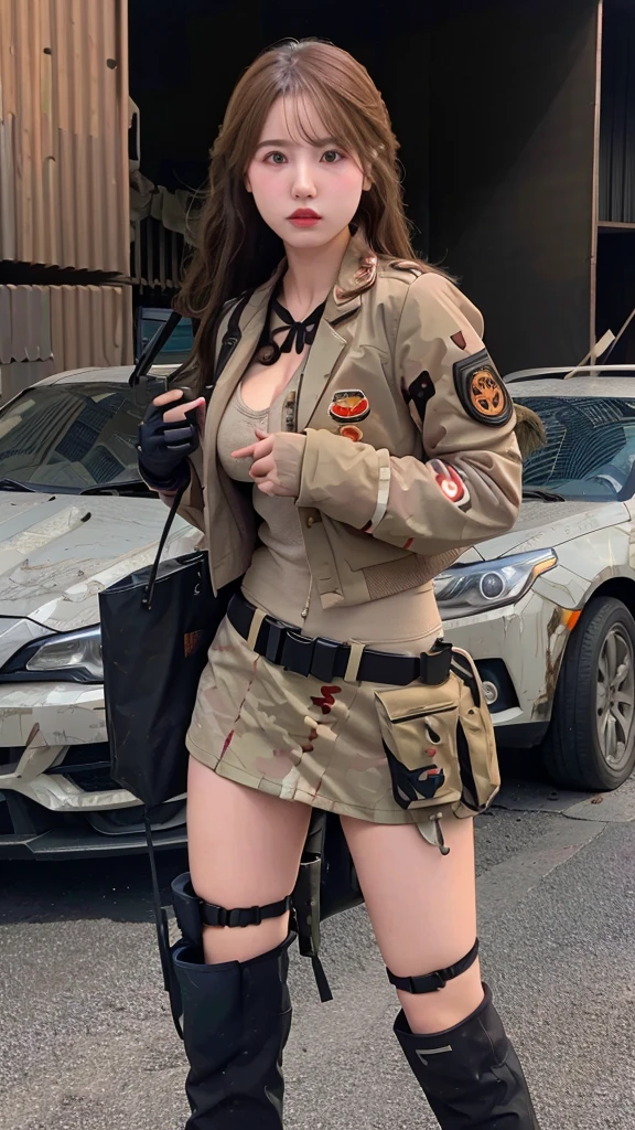  A soldier girl standing in the destroyed city holding a we4pon,solo,realistic,8k,highres,ultra detailed,(orange camo),military suit,cleavage, medium breasts,belt,gloves