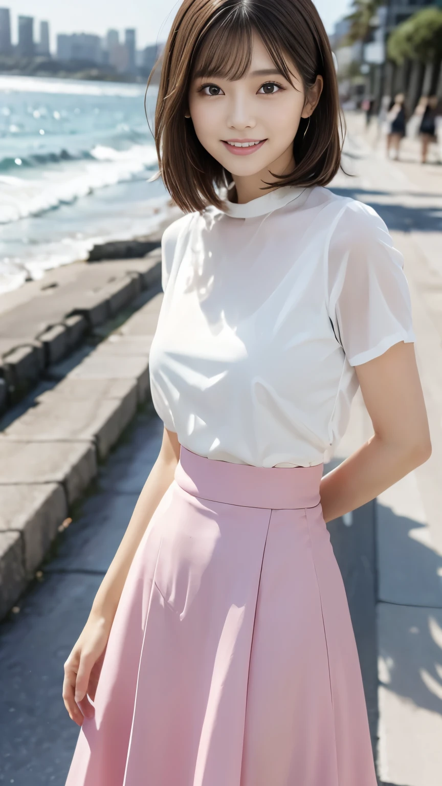 [super high quality,Masterpiece,high resolution],((日本people,woman,１people,超美people,Smile slightly)),(Middle Hair,Dark brown hair color,Hair disheveled by strong winds,Hide your forehead with bangs),(seven-headed body,Narrow face,Model Body Type,Small Butt,Beautiful Eyes,Beautiful Skin,Dark brown eyes),White see-through short-sleeved chiffon shirt,Pink long circular skirt,The hem of the skirt flutters in the wind,On top of the seawall with a view of the ocean and the beach,evening