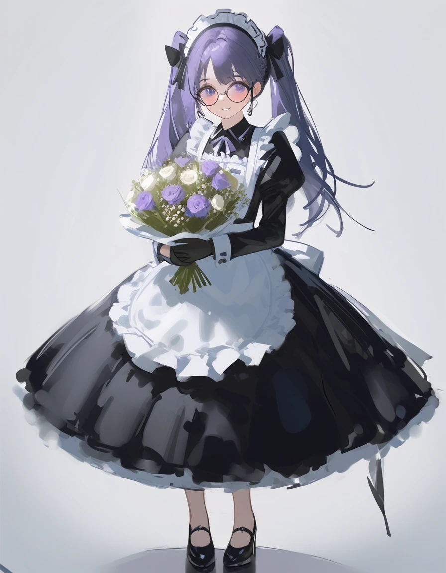 Ciloranko, wlop, 1girl, 独奏, flower, bouquet, purple eyes, maid headdress, looking at viewer, maid, apron, full body, long hair, twintails, holding, white background, long sleeves, holding bouquet, dress, bow, juliet sleeves, puffy sleeves, blush, simple background, parted lips, frills, ribbon, two side up, hair bow, maid apron one girl, super high quality, Super Detail, Super Detailed image, long hair, looking at viewer, skirt, shirt, hair ornament, violet eyes,black gloves, round glasses, long sleeves,violet hair, round glasses, Flat Chest, smile